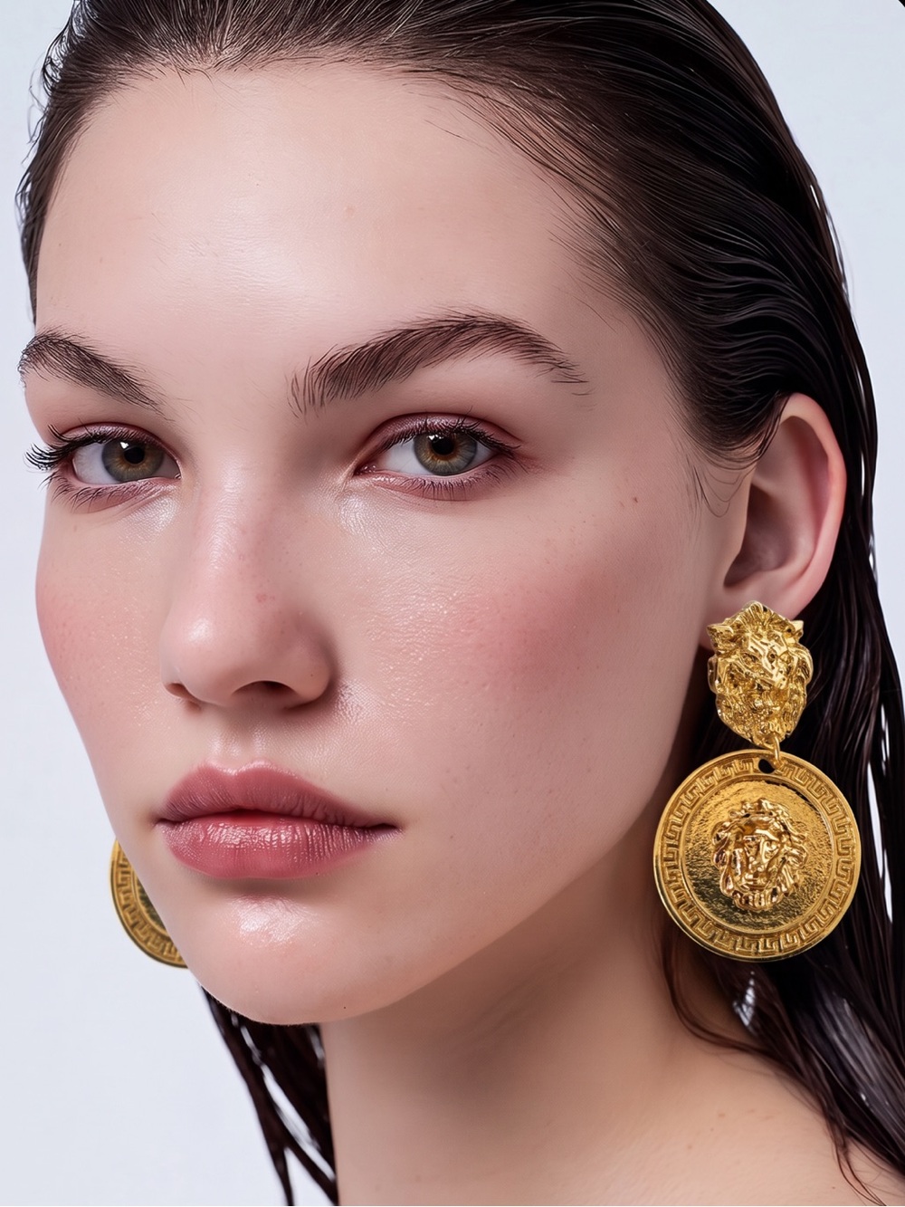 Fashion Jewelry Gold Lion Medallion Drop Earrings